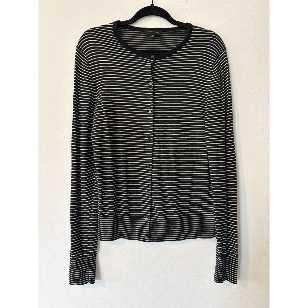 Ann Taylor cardigan Women's Large Black Striped Preppy Old Money Academia